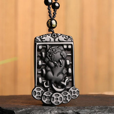 Carved Black Obsidian Pixiu Pendant Mantra Brads Necklace-Your Soul Place